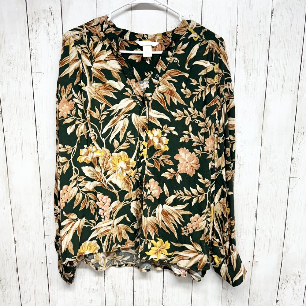 H&M Shirt Women Size 12 Button Down Green Floral Hunter‎ Green Polyester casual